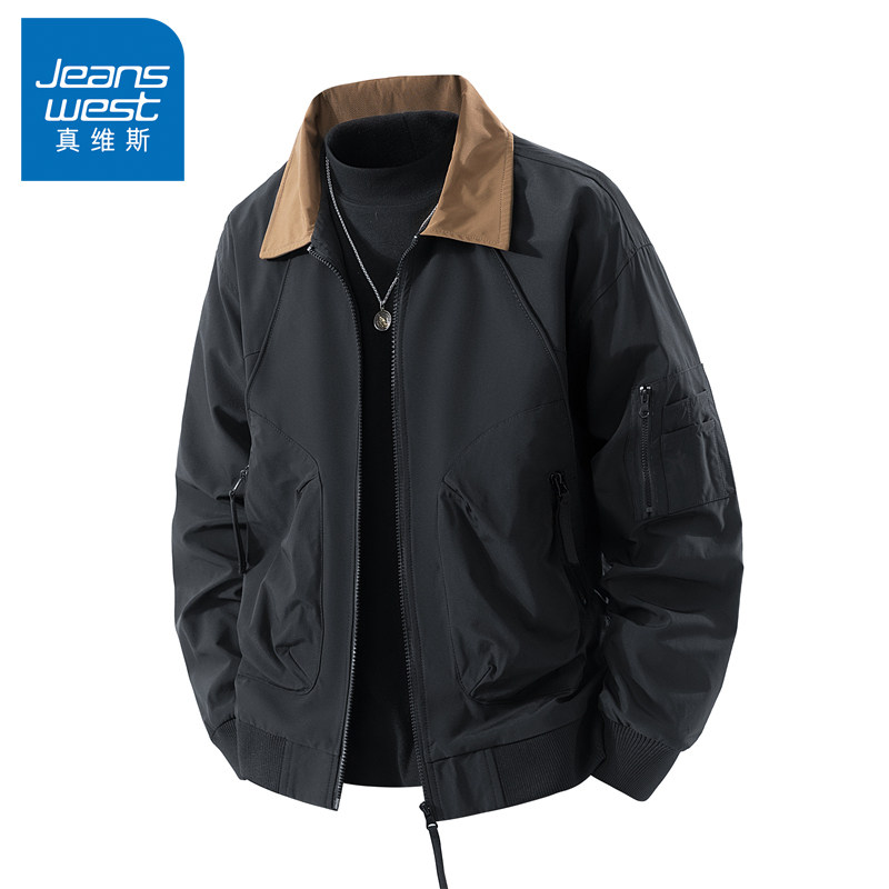 N5真维斯外套男2025秋季新款美式潮牌撞色翻领工装男士春秋装夹