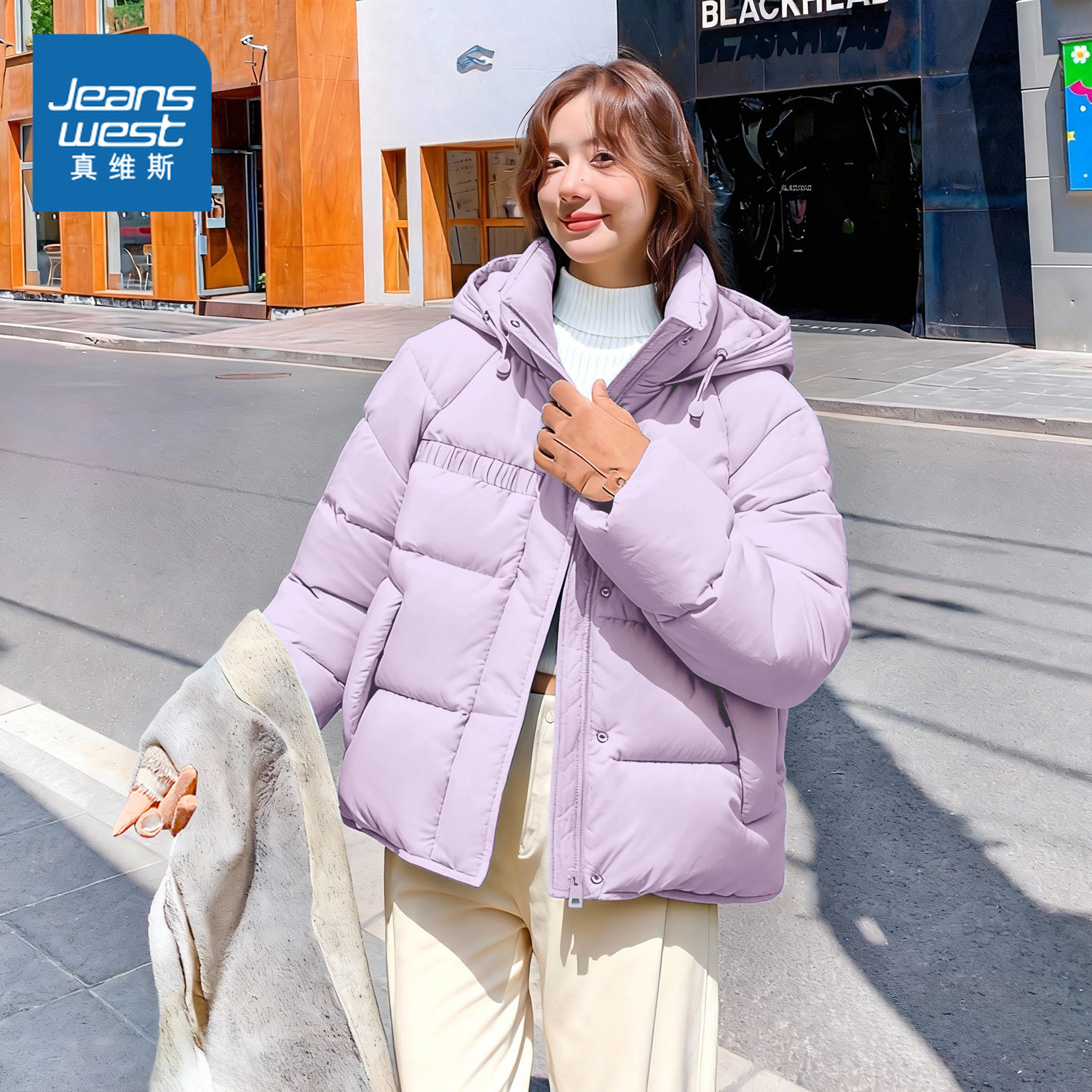 NOB真维斯紫色连帽羽绒服女冬季新款设计感小个子时尚超好看外套