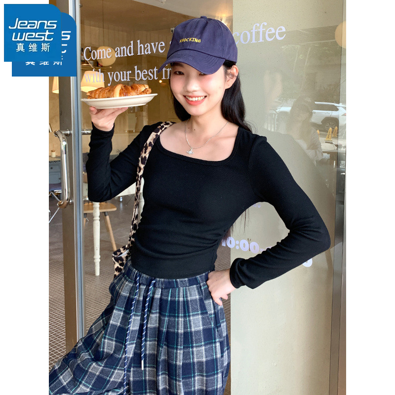 真维斯黑色方领打底衫女长袖T恤