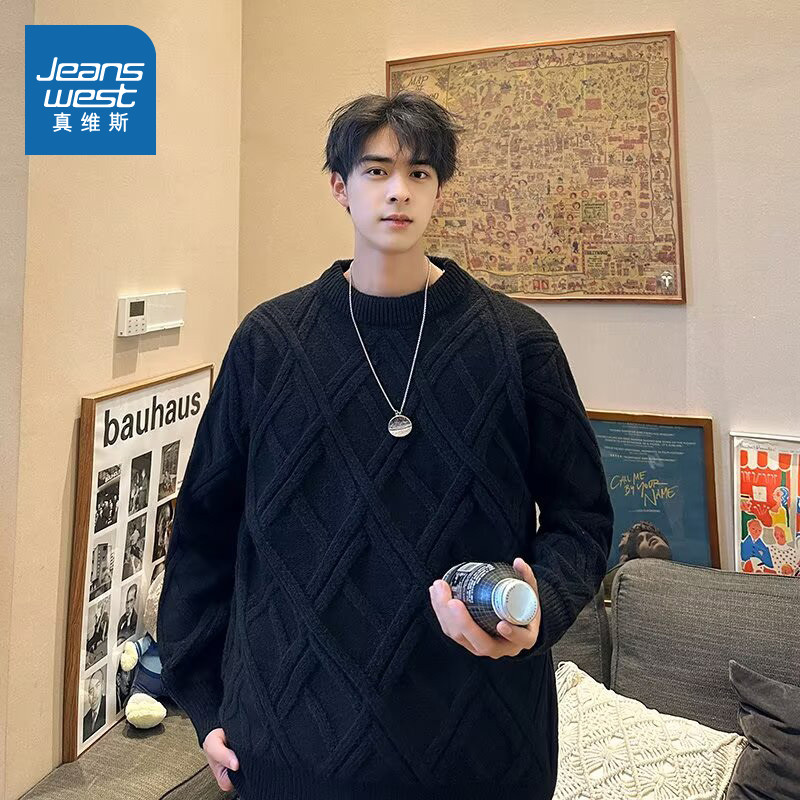 KF真维斯男装冬季潮流青春日常复古ins男款圆领长袖毛衣男款衣服