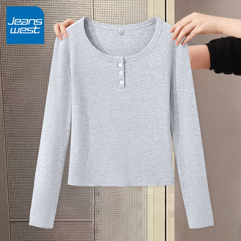 真维斯U领开扣修身长T女2025新款
