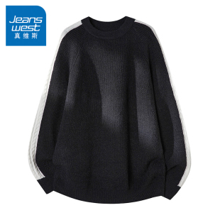 针织衫 情侣宽松圆领撞色上衣服男款 秋冬季 N5真维斯毛衣男2025新款