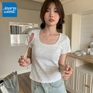 KCV真维斯紧身方领短袖 bm风上衣 T恤女夏ins潮网红设计感小众短款