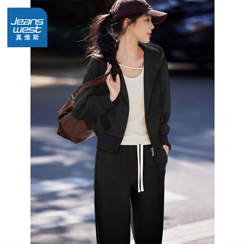 NOW真维斯黑色运动休闲套装女连帽外套休闲裤巨好看的早秋一整套