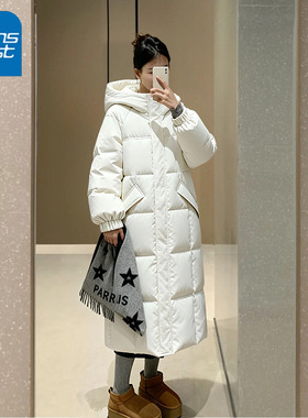 KV真维斯白色棉服女2025新款冬加厚长款棉衣外套宽松大码过膝棉袄