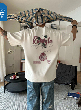 G2真维斯男装2025夏季新款 时髦玫瑰花印花男纯棉体恤圆领短袖T恤