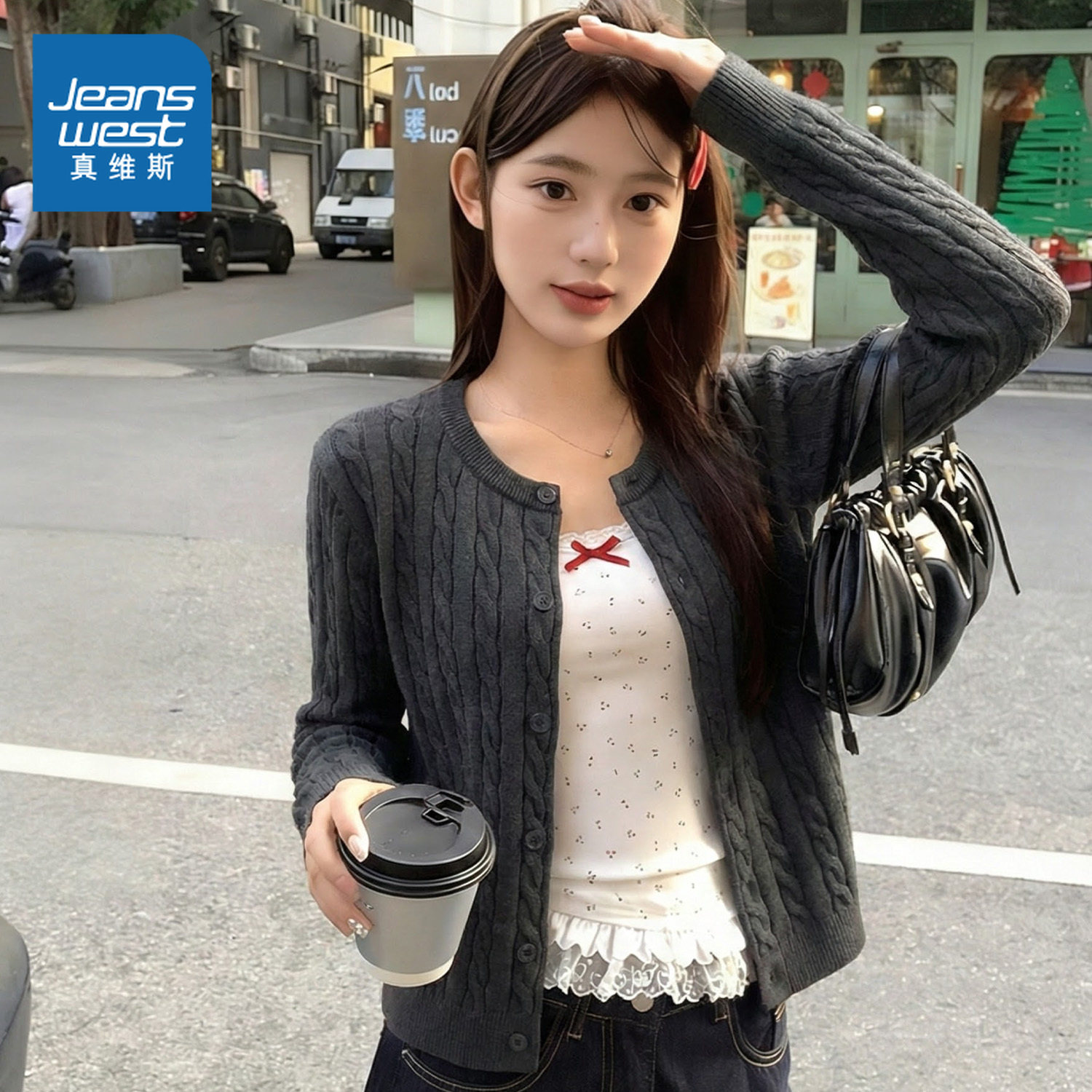 KMV真维斯灰色绞花针织开衫女春季2026新款复古慵懒圆领绞花毛衣,女装/女士精品,毛针织衫,淘宝优惠券,粉丝福利购,淘宝优惠卷