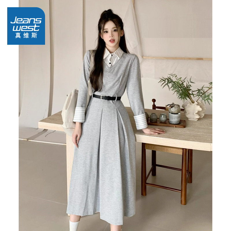 V7真维斯2025年春季新款韩系气质法式收腰显瘦长裙连衣裙女式裙