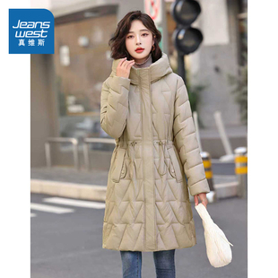 DCF真维斯女装时尚连帽中长款收腰棉服2026春季新品宽松女式外套