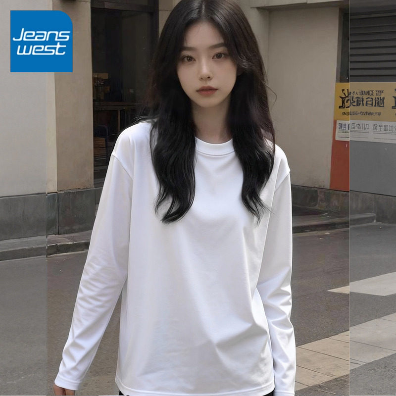 NOA真维斯新款白色长袖t恤女内搭纯黑体恤宽松纯棉打底衫圆领上衣