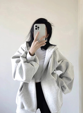 NOW真维斯灰色连帽卫衣女2026新款春秋休闲宽松开衫外套拉链上衣