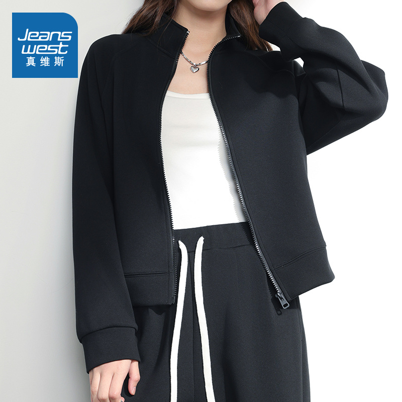 KHV真维斯黑色卫衣女2025春秋季新款小个子立领夹克短款开衫外套