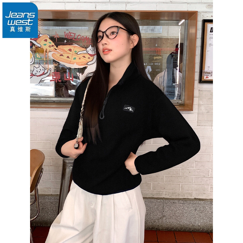 真维斯黑色摇粒绒加绒衣卫衣女
