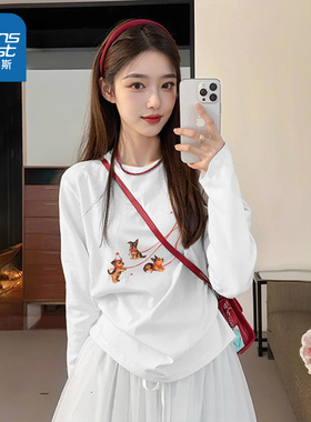 JRP真维斯白色长袖女款2026早春新款洋气纯棉t恤小个子大码上衣韩