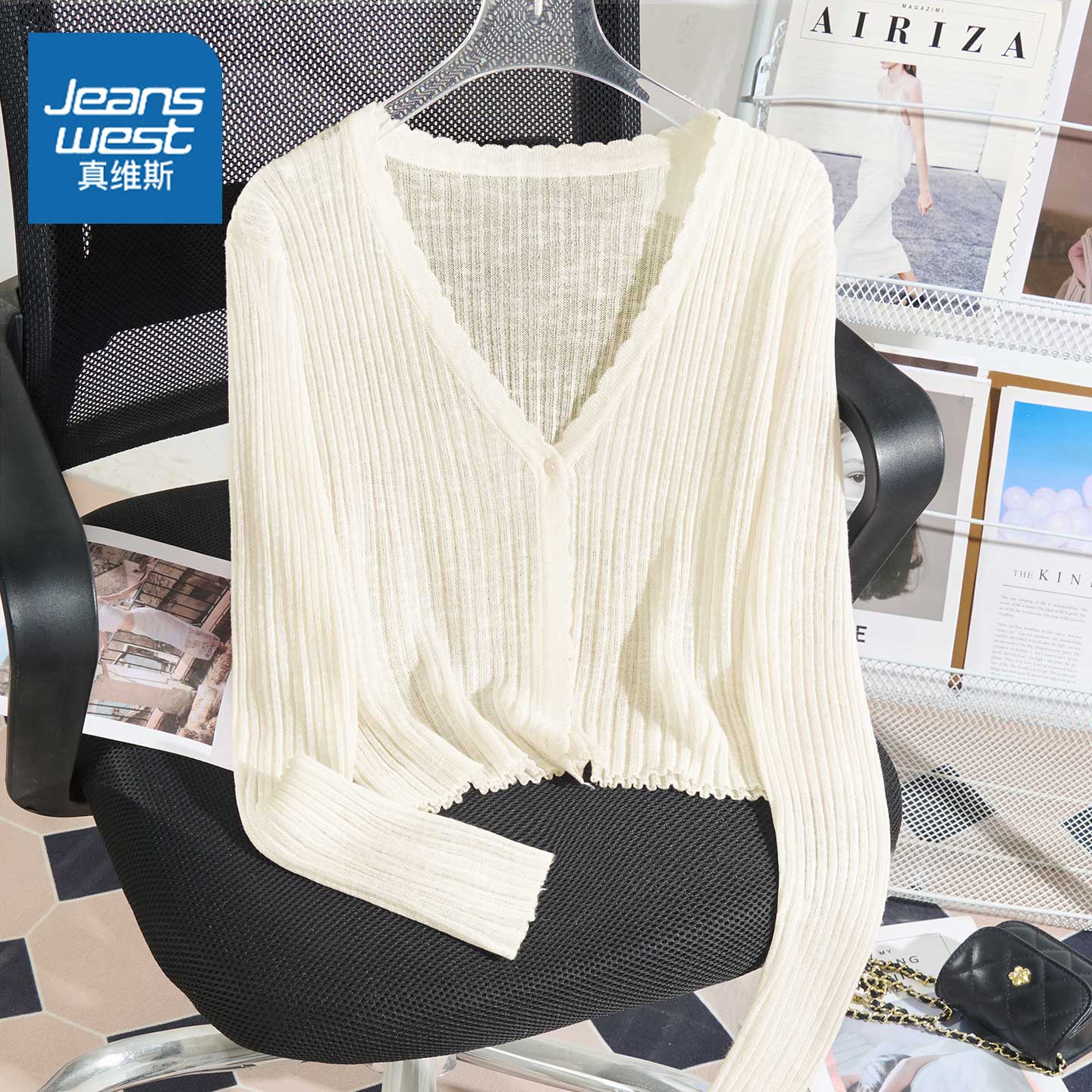 真维斯针织衫女外搭V领长袖上衣