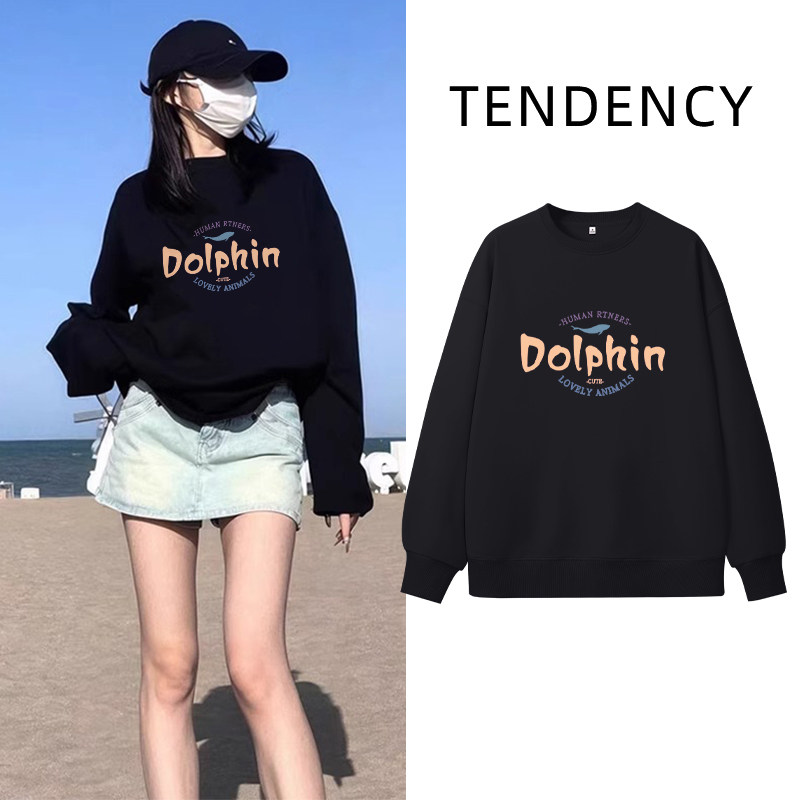 NOW真维斯黑色卫衣女秋款2025新款小个子学院风休闲宽松上衣女