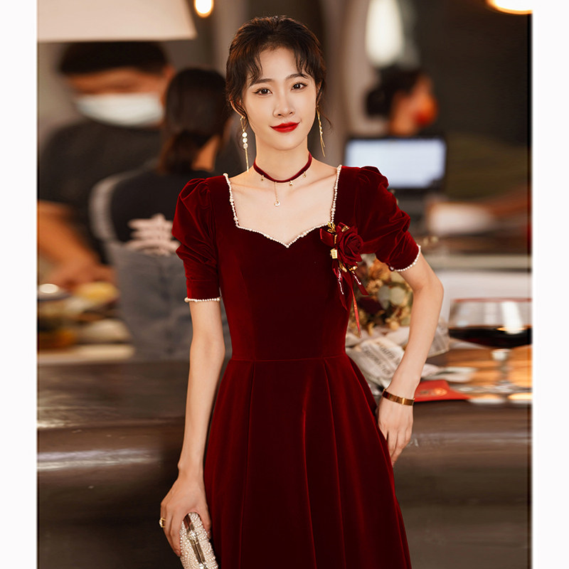 酒红色夏季丝绒敬酒服新娘气质显瘦结婚答谢宴长款晚礼服平时可穿_虎窝淘