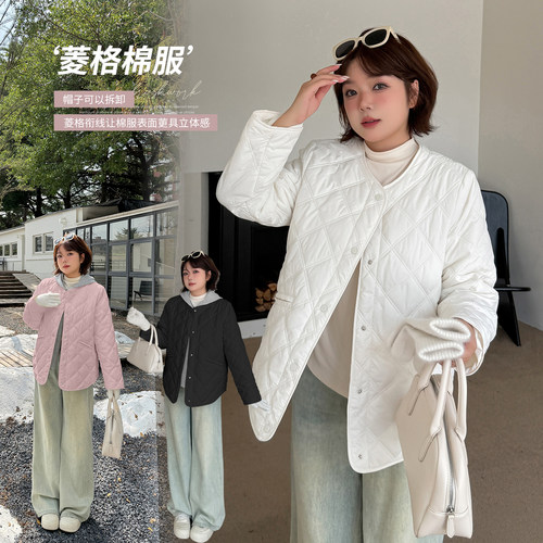 胖MM可拆帽菱格夹棉棉服外套棉衣