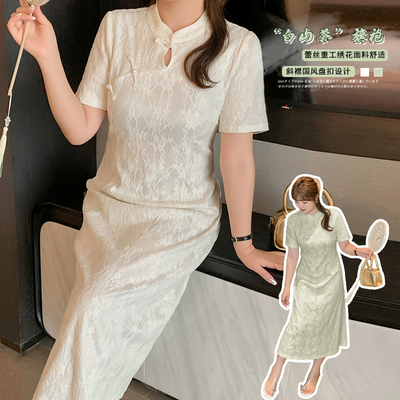 立领旗袍裙女胖mm蕾丝连衣裙