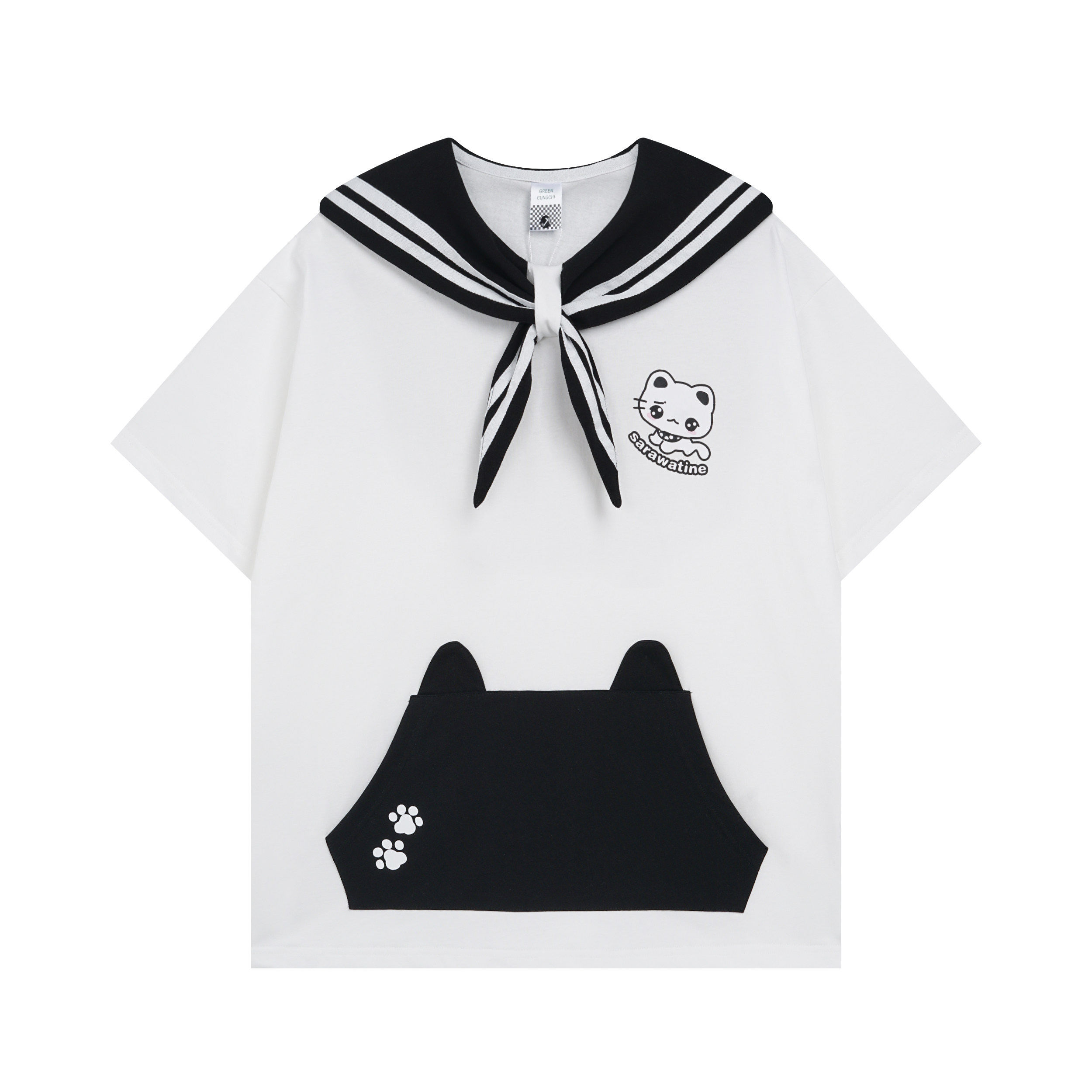 趣味小猫海军领短袖T恤女夏季新款宽松甜酷学院风半袖纯棉上衣潮