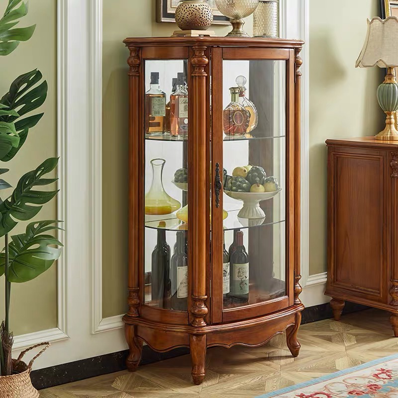 美式单门酒柜家用客厅靠墙全实木玻璃门展示柜欧式半圆弧形小边柜