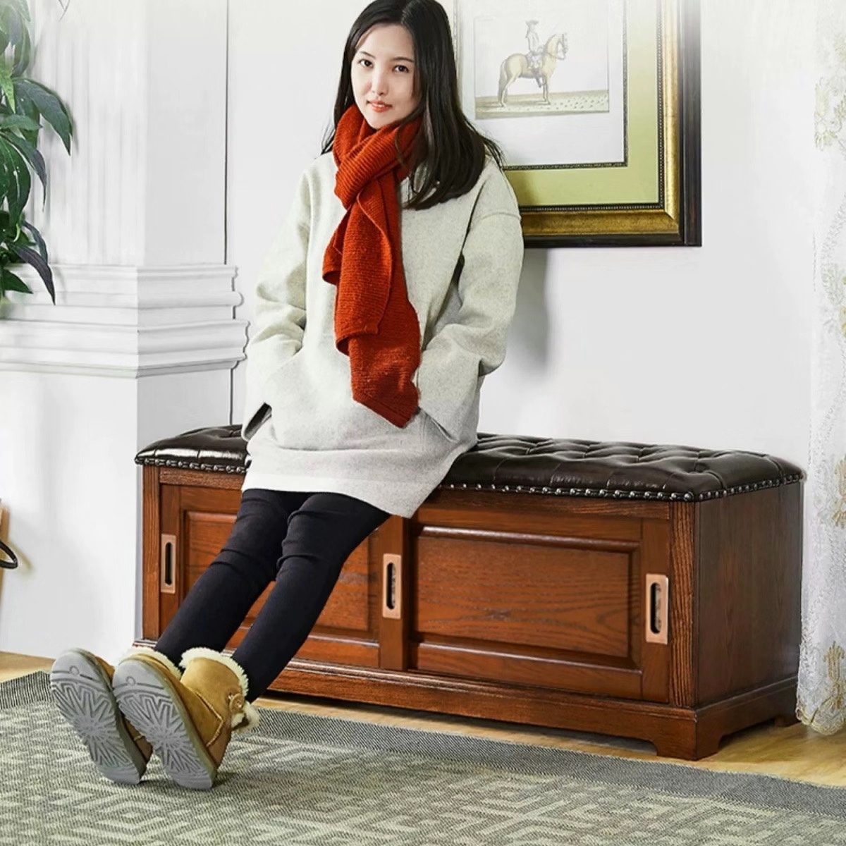 美式全实木真皮换鞋凳穿鞋凳入户门口可坐玄关储物收纳柜鞋架家用