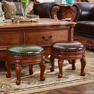 美式小圆凳茶几矮凳实木凳子沙发凳家用圆木凳成人复古矮凳沙发凳