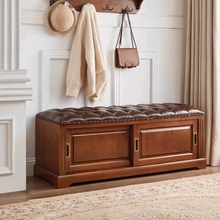 美式实木换鞋凳真皮欧式穿鞋凳进门入户家用门口软包储物凳收纳凳