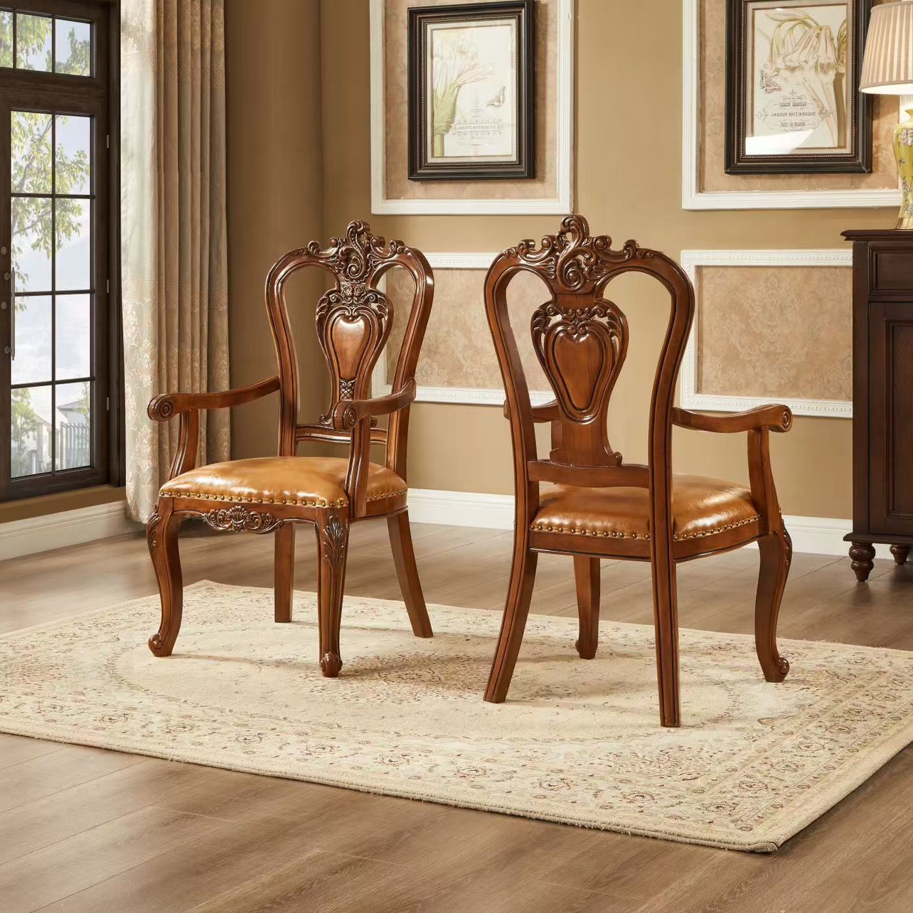 美式实木扶手椅子欧式真皮餐椅