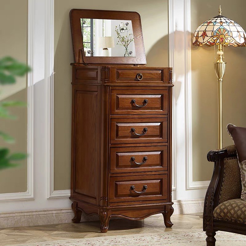 美式实木五斗柜卧室复古置物斗橱多功能带镜子妆台收纳储物柜
