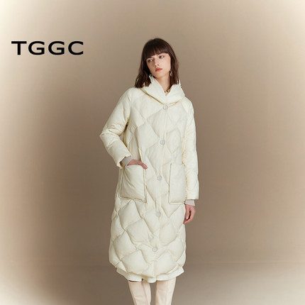 台绣连帽羽绒服女纯色加厚保暖大口袋菱形格纹鸭绒外套冬J37292