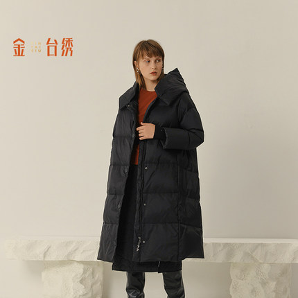 金台绣长款羽绒服女简约连帽通勤风纯色保暖鸭绒外套冬ECD5J287