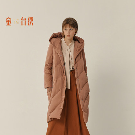 金台绣连帽羽绒服质感简约保暖舒适防风鸭绒长款外套冬ECD5J285