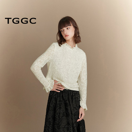 台绣新中式针织衫优雅提花羊毛混纺花边领口开叉上衣秋款S37095