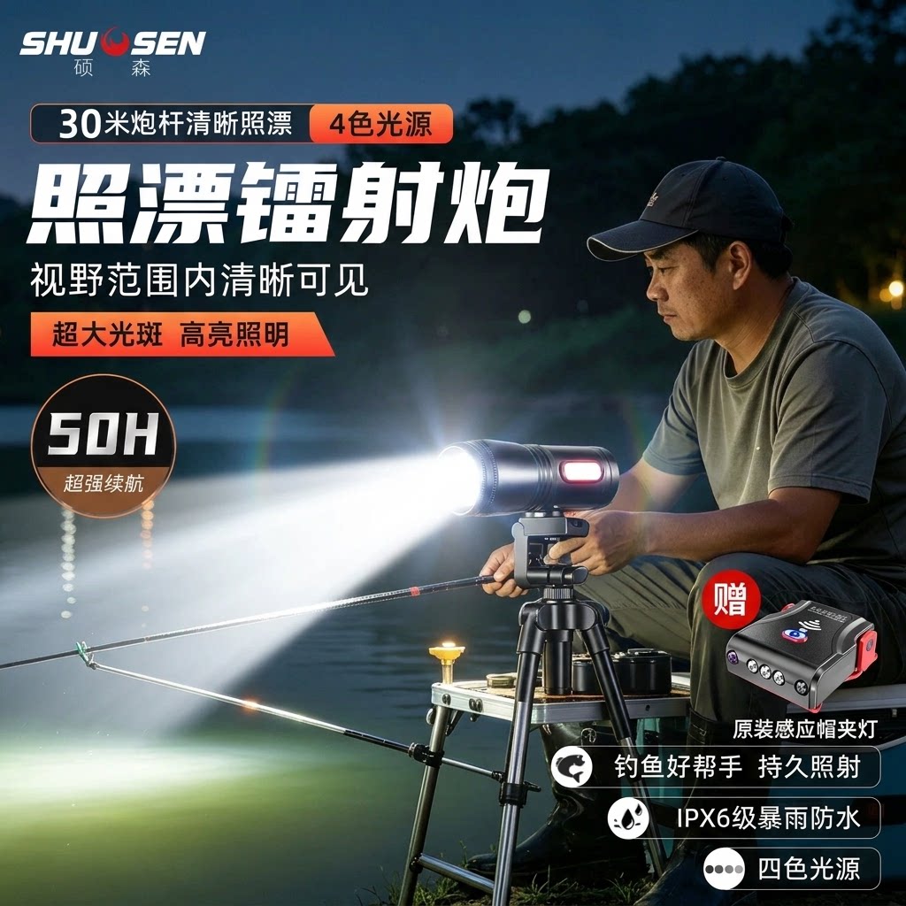 硕森激光炮夜钓灯钓鱼专用蓝光户外强光超亮大功率防水野钓紫光灯