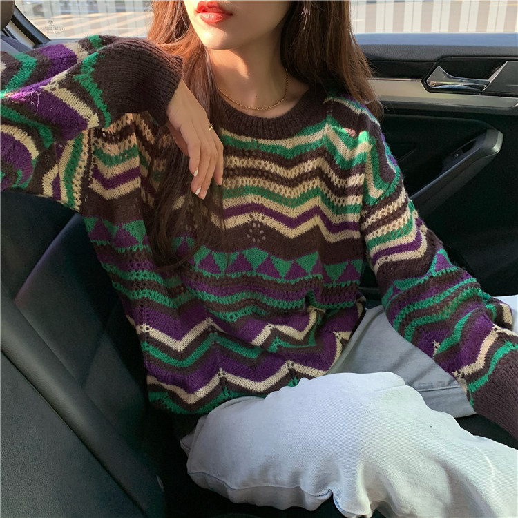 Real price chic Hanfeng new design irregular stripe sweater