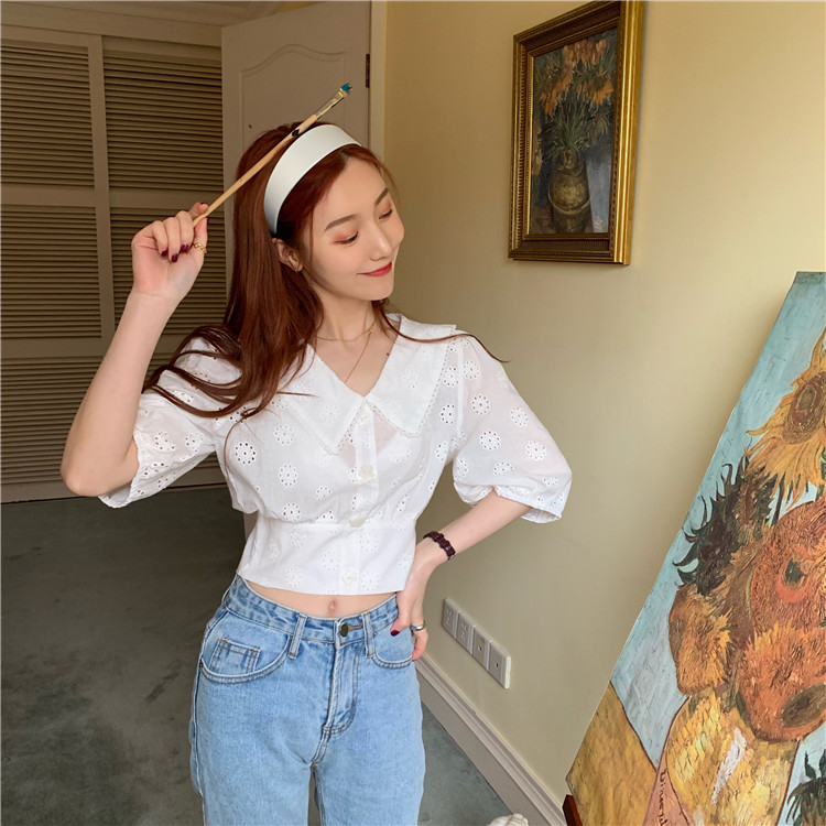 Real price temperament lace bubble sleeve shirt