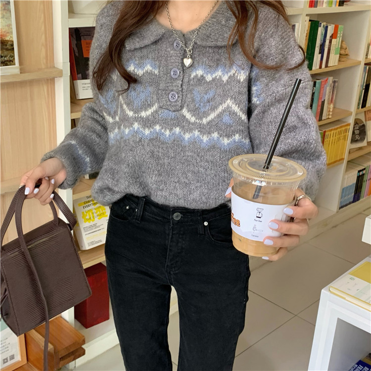 Real shot real price chic Korean style extra warm polo collar embroidered sweater