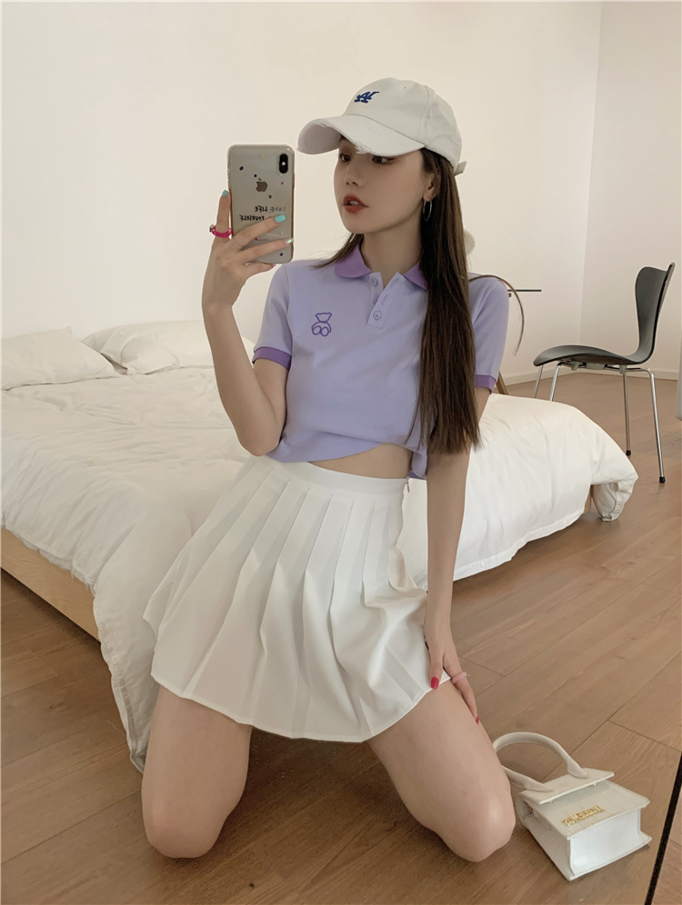 College style Polo embroidered bear Top + pleated skirt suit