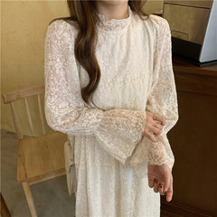 Real price Korean wind thick warm Lace Long Dress + short sweater coat