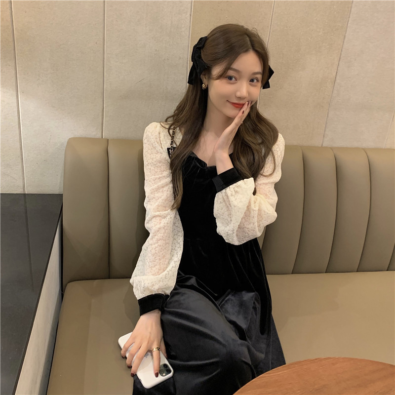 Real shot Real Price vintage palace stitched velvet bow dress