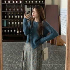 Real shot real price thickened warm cardigan sweater + floral skirt suit
