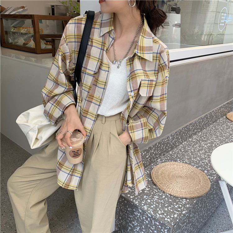 Real price loose and thin Plaid Long Sleeve Shirt