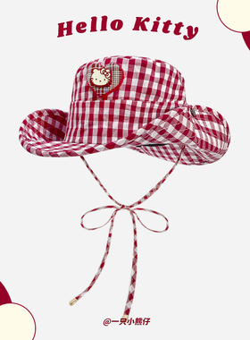 可爱Kitty猫咪红色格子渔夫帽女显脸小遮阳防晒登山帽子2025新款