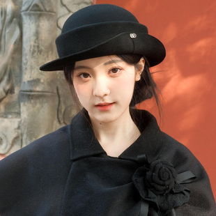 羊毛呢卷边礼帽女秋冬季显脸小名媛风贝雷帽法式复古优雅千金帽子