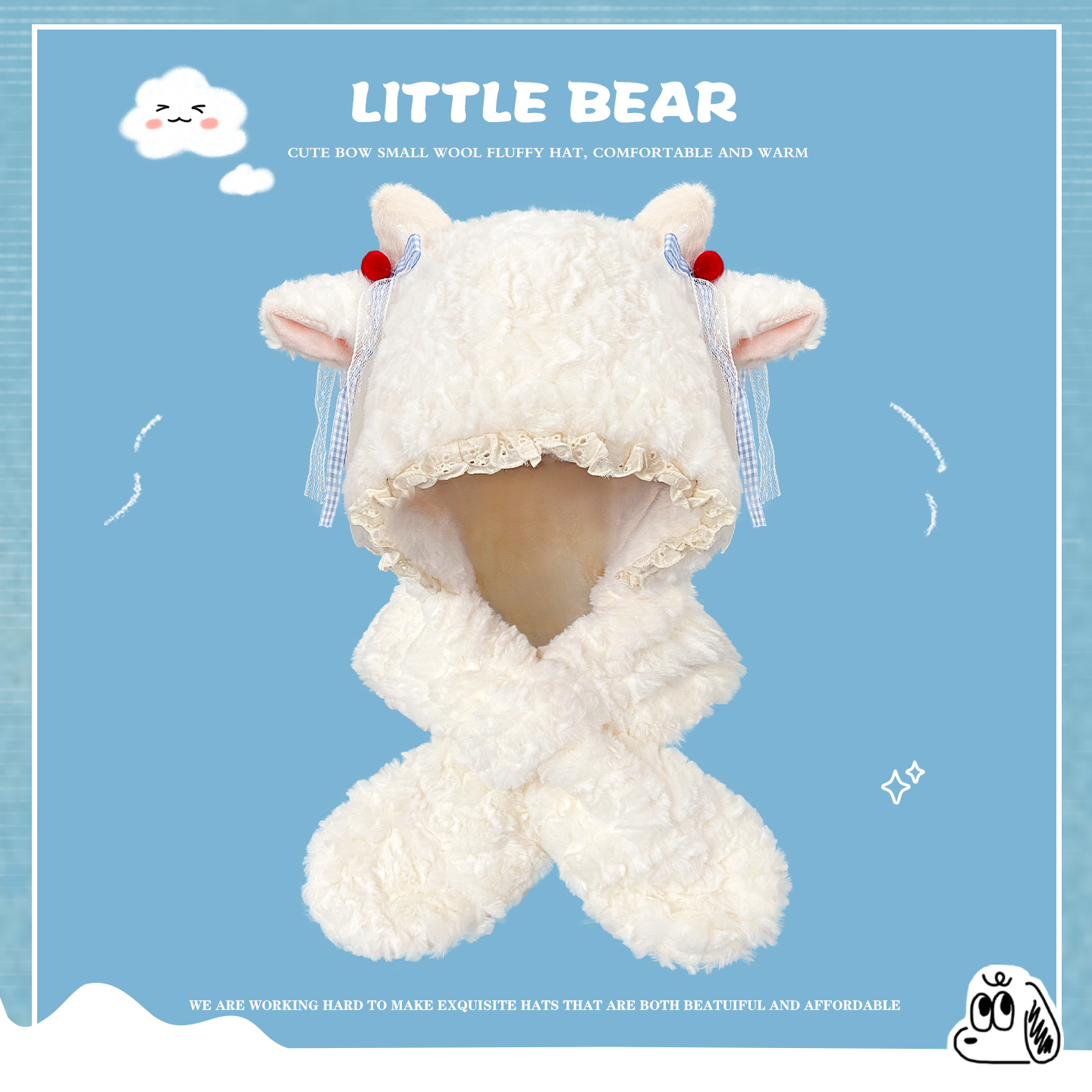 可爱小羊蝴蝶结毛绒帽子围巾一体两件套女冬季加绒加厚保暖雷锋帽