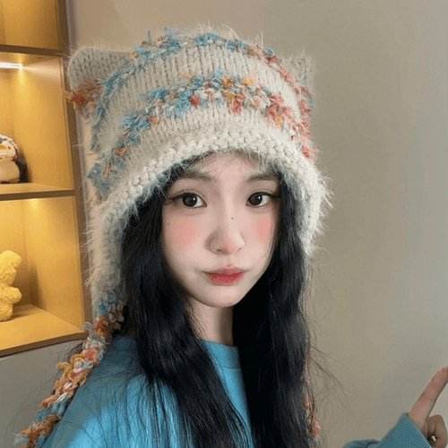 猫耳朵条纹针织帽保暖防寒护耳