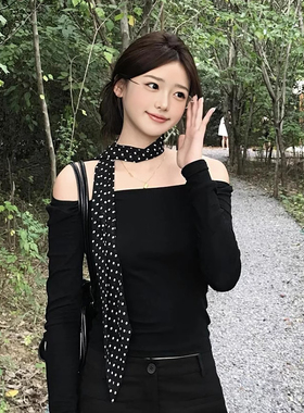 复古系脖黑色波点丝巾高级感