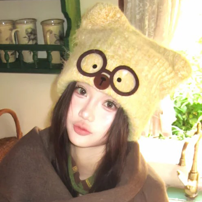 可爱眼镜小熊黄色针织帽女秋冬卡通显脸小大头围保暖护耳毛线帽子