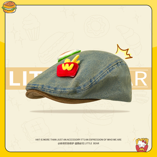 可爱汉堡薯条牛仔前进帽女夏季水洗做旧显脸小贝雷帽百搭鸭舌帽子